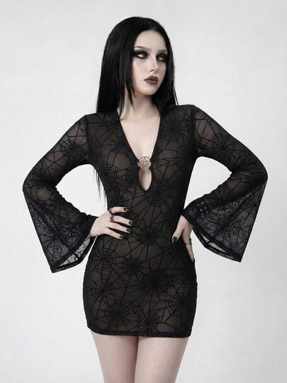 ROMWE Goth Đầm chiffon in hình nhện dành cho nữ, thích hợp mặc hàng ngày hoặc đi nghỉ mát.