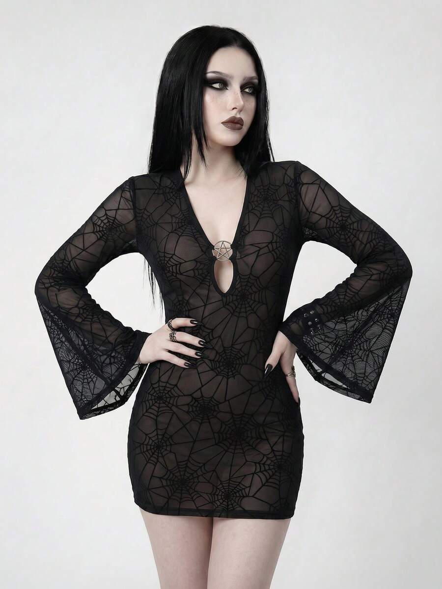 ROMWE Goth Đầm chiffon in hình nhện dành cho nữ, thích hợp mặc hàng ngày hoặc đi nghỉ mát. - màu đen - Xem 1