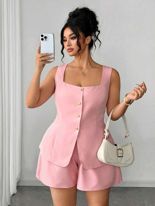 Elenzga Bộ đồ nữ cỡ lớn thanh lịch gồm áo hai dây có khóa kim loại và dây buộc phía sau, áo vest ôm dáng và quần ống rộng thoải mái, áo vest không tay và quần short, đa năng cho công sở, lễ hội âm nhạc, Ngày của Mẹ, Halloween, Lễ Tạ ơn, Lễ Phục sinh, Ngày Quốc khánh, dạ hội, hẹn hò, đám cưới, hoạt động ngoài trời.