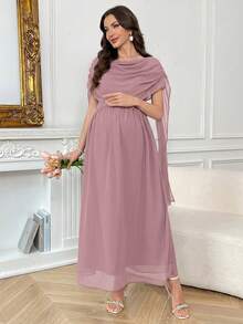 SHEIN Maternity Solid Color Pleated Casual Vacation Dress - Dusty Pink - View 7