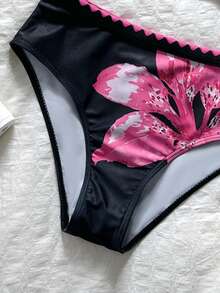 SHEIN Tween Girls' Colorblock Floral Print Shell Trim Swimwear Set, Summer Beach Vacation - Black - View 5