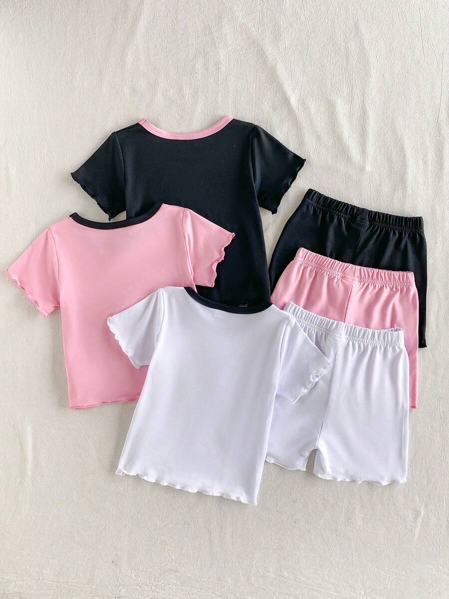 SHEIN Playful Pals 6件套女婴休闲日常黑色、粉色、白色圆领短袖上衣和松紧腰短裤套装,适合户外玩耍或舒适的春夏穿着。 - 彩色 - 查看 1