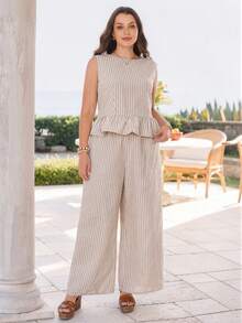 Rosumi Plus Size Women's 2pc Set,White Striped Ruffle Sleeveless Tank Top And Wide Leg Pants,Summer Vacation Holiday Boho Outfit,Casual Everyday Set - Khaki - View 4