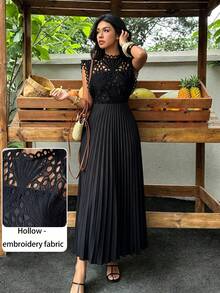 Modelyn Đầm dài nữ dáng chữ A thanh lịch, phối ren rỗng, xếp ly ở gấu váy, họa tiết hoa ngẫu nhiên, thời trang và duyên dáng cho mùa xuân và hè. - màu đen - Xem 8