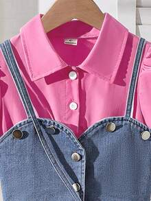 Elladie kids 夏季新款优雅通勤风女童两件套，牛仔露脐吊带背心+纯色短袖衬衫裙，附赠心形包，适合日常、上学、派对等场合。 - 玫紅色 - 查看 3
