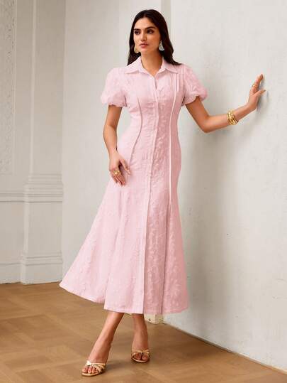 ZEYLAH Đầm midi nữ mới với họa tiết thêu hoa, cổ áo, tay bồng, eo ôm, kiểu dáng thanh lịch lấy cảm hứng từ thiên nhiên.