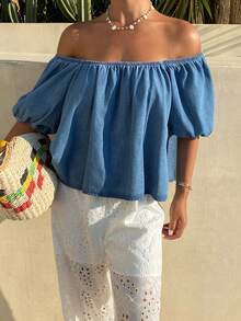 DAZY Women's Solid Color Off-Shoulder Loose Casual Short Sleeve Denim Top Summer - Blue - View 5