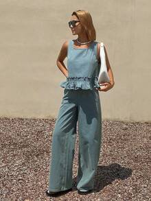 DAZY Women's Blue Sleeveless Vest With Ruffle Hem Design And Loose Fit Jeans Set, Suitable For Spring And Summer - Blue - View 5