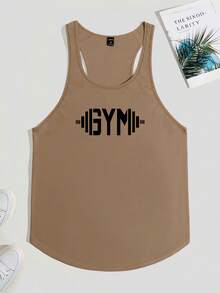 GymBeat 大尺碼男士休閒百搭字母印花極簡主義背心，度假款 - 卡其色 - 查看 3