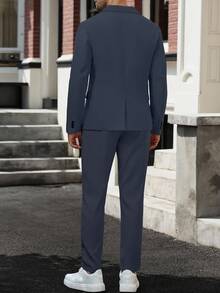 Manfinity Mode Men's Casual Business Simple Notched Lapel Suit Jacket And Suit Pants Set Casual Suits For Men Suits For Men Men Formal Outfit Suits For Men's Men Formal Wear Formal - Navy Blue - View 2