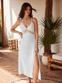 Lullawish Áo ngủ dài kiểu Bohemian quyến rũ, gợi cảm với họa tiết ren, xẻ tà, cổ chữ V sâu, hở lưng, buộc dây dành cho nữ. - Màu xanh nhạt - Xem 5