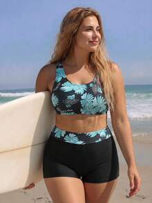 Swim SPRTY طقم ملابس سباحة صيفي جديد 2026 باللون الأسود مع نقشات زهرية بمقاسات كبيرة، ملابس سباحة رياضية محافظة بظهر سباق للشاطئ والعطلات وحفلات المسبح - متعدد الألوان - مشاهدة 6