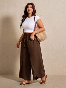 Elaquor Plus Size Casual Boho Solid Color Wrap Wide Leg Pants Vacation Brown Summer - Brown - View 5
