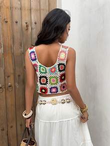 Selianne Cover Up Beach Multicolor Sleeveless Square Neck Crochet Floral Patchwork Hollow-Out Textured Women Sweater Vest Top, Spring/Summer - White - View 2