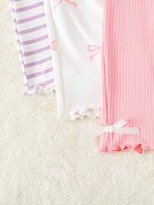 SHEIN Vintaside Kids 3件組女嬰夏季可愛白色與粉色蝴蝶結紫色條紋羅紋彈性腰短褲,柔軟舒適,適合度假,6個月-3歲 - 彩色 - 查看 9