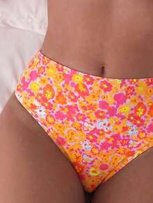 Swim Mod Conjunto de bikini de 2 piezas con parte superior de tirantes y shorts de cintura alta con estampado de color aleatorio para mujer, ideal para vacaciones en la playa - Multicolor - Ver 3