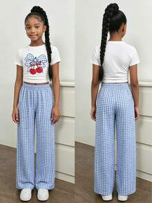 Bộ đồ thường ngày 2 món cho bé gái tuổi teen, áo croptop trắng in hình nơ anh đào và quần ống rộng kẻ caro xanh, chất liệu mềm mại, thoải mái cho bé gái 8-12 tuổi, thích hợp mặc hàng ngày, đi học, đi nghỉ mát, thư giãn, thoáng khí và nhẹ. - Nhiều màu - Xem 4