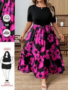 SHEIN CURVE+ Plus Size Floral Print Patchwork Casual Vacation Dress - Multicolor - View 2