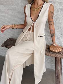 Dazy-Less Bộ đồ 2 mảnh dành cho nữ: Áo vest dài thắt nơ phía trước viền hoa và quần jeans. - Màu Khaki - Xem 7