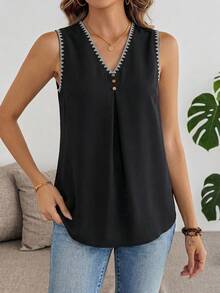 EMERY ROSE Shell Flower Embroidered Plus Size V-Neck Sleeveless Shirt, Suitable For Summer - Multicolor - View 7