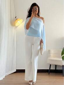 INAWLY Plus Size Women Casual Asymmetrical Shoulder Versatile Daily Wear Top - Blue - View 5