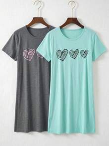 SHEIN 女士两件套 100% 纯棉爱心图案休闲薄荷绿和灰色短袖家居睡衣连衣裙睡袍套装，适合夏季穿着 - 彩色 - 查看 3