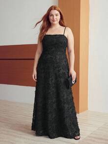 MOTF PREMIUM PLUS SIZE BLACK JACQUARD SPAGHETTI STRAP CINCHED WAIST DRESS - Black - View 1