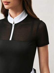 SHEIN With My Calm Women's Contrast Color Zipper Design Short Sleeve Equestrian Top - Black - View 6