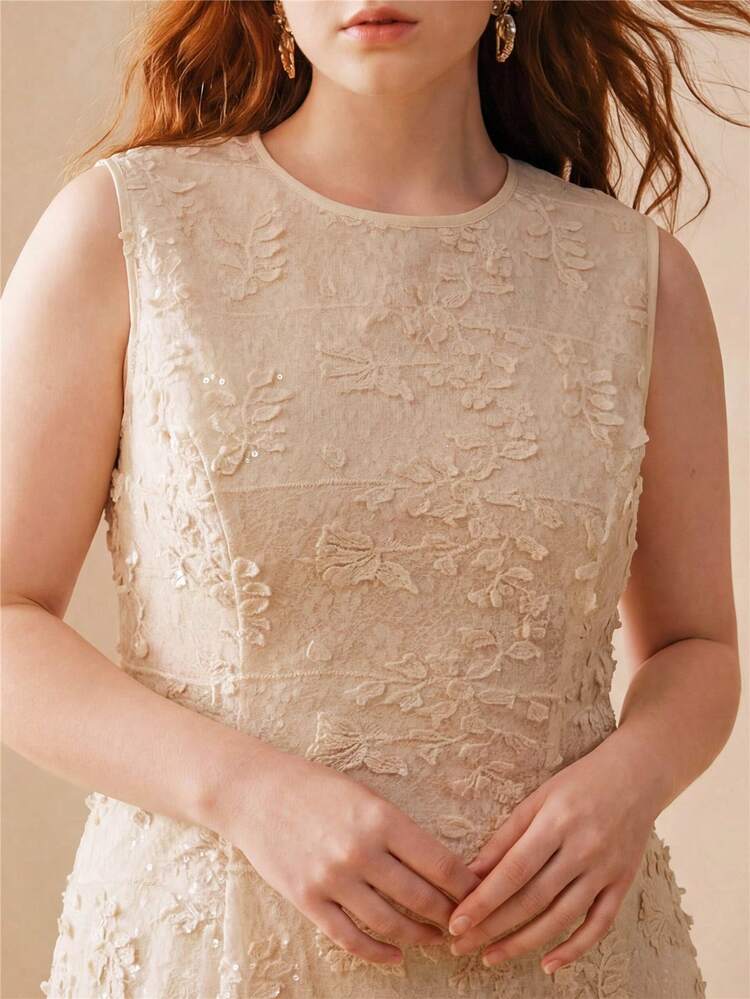 ASYMMETRICAL PLEATED FLARED HEM SLEEVELESS SEQUIN DECORATED UNIQUE FABRIC ELEGANT PLUS SIZE DRESS FOR WOMEN