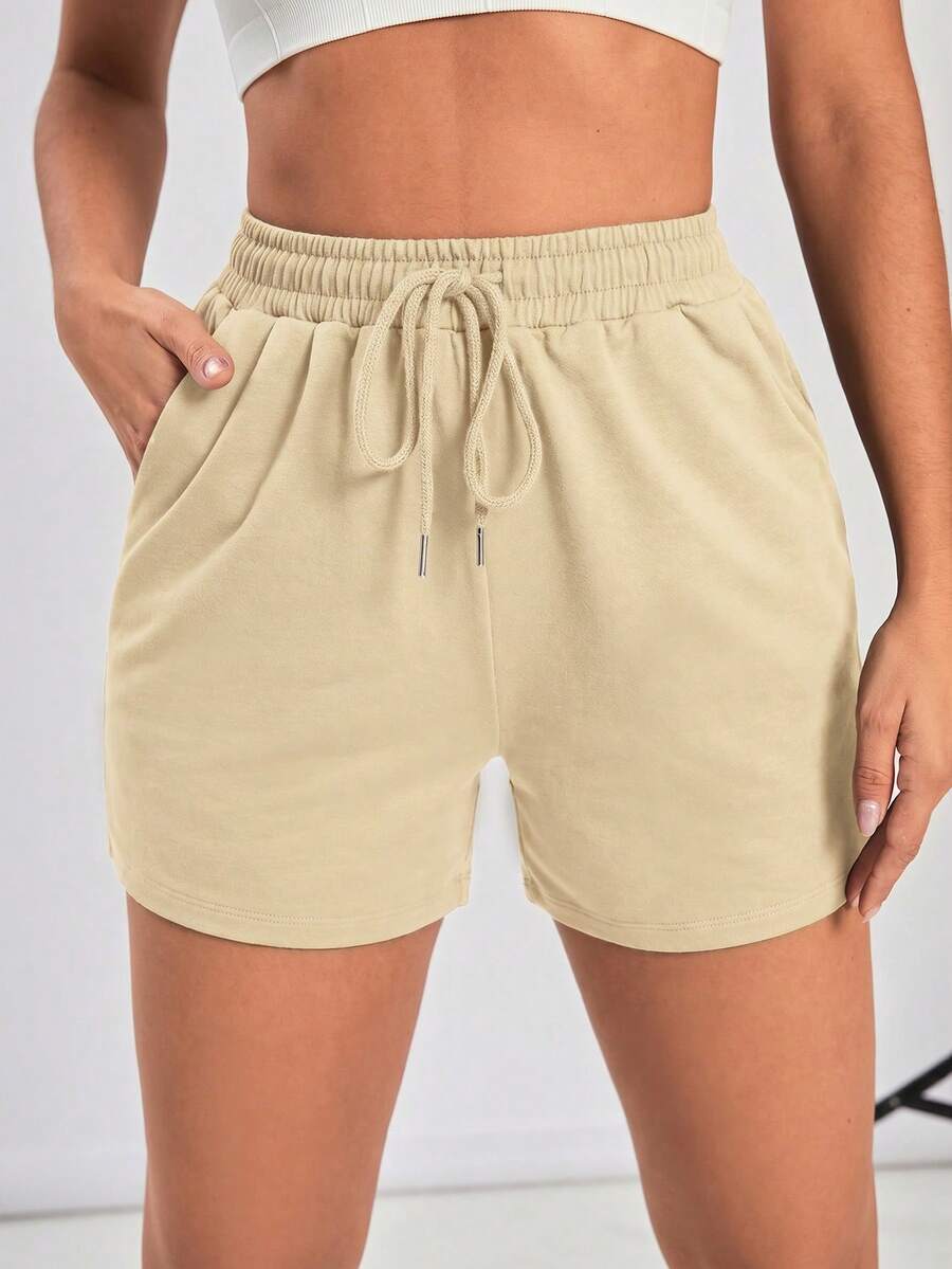 Powerista Women's Solid Color Drawstring Waist Pocket Casual Sports Shorts - Apricot - View 1
