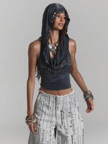 MUSERA Embellished Chain Cowl Neck Hooded Top Sexy Summer Spring Rave Festival Holiday Party Going Out Serpent - Dark Grey - View 1