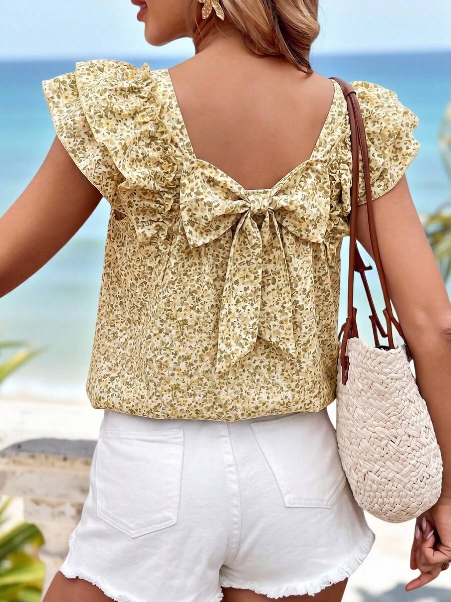 Sylviya Áo kiểu nữ thường ngày họa tiết hoa nhí thắt nơ, thích hợp cho kỳ nghỉ hè. - Nhiều màu - Xem 1