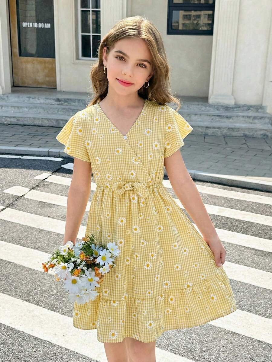 SHEIN Vestido Casual com Decote em V, Manga Bufante, Cinto e Saia em A para Meninas Pré-Adolescentes, com Estampa Floral Verde - Amarelo - Visão 1