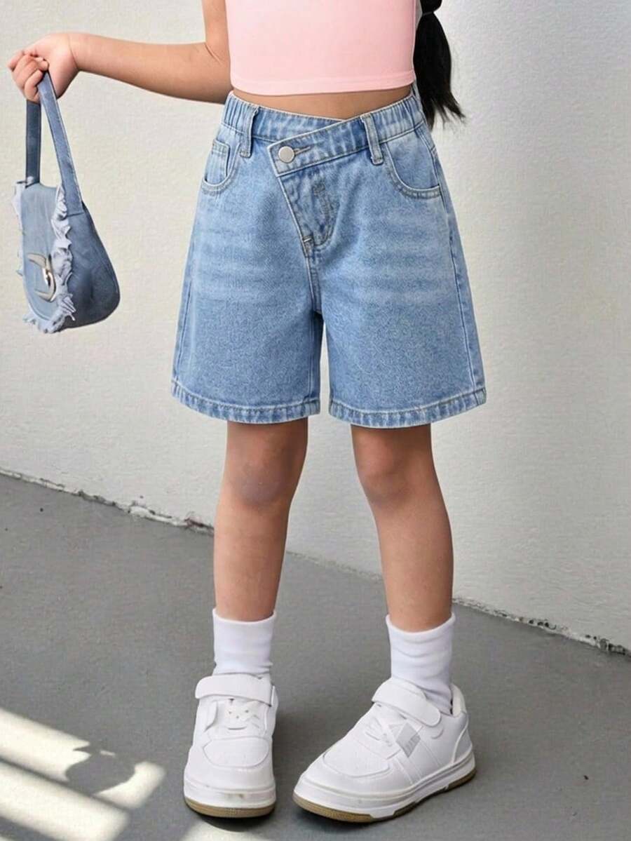 Young Girl Asymmetrical Waist Blue Denim Shorts,Spring And Summer Casual Vacation Country Boho Wear, Beach, Comfortable And Soft Denim Middle Pants,Denim Shorts - Light Wash - View 1