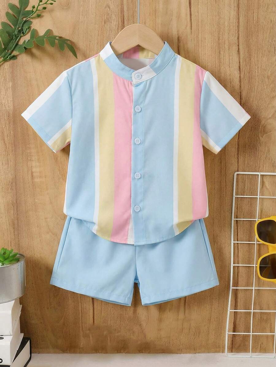 SHEIN 2件套男童休闲舒适百搭条纹立领短袖衬衫和短裤套装