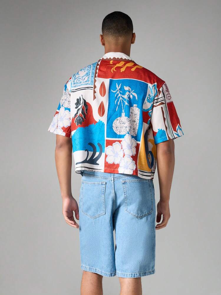 Camisa de Resort com Estampa, Gola Revere e Manga Curta, Sensação de Linho Relaxado, Patchwork Tropical para Férias de Verão
