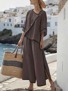 SHEIN Holidaya Bộ đồ nữ thường ngày kiểu dáng nghỉ dưỡng, gồm 2 mảnh, cổ áo bất đối xứng phối màu tương phản, tay lửng 3/4 và quần ống đứng, màu trơn, thích hợp mặc đi làm, mặc hàng ngày và ở nhà, ống rộng cạp trung bình, gấu quần bất đối xứng, phù hợp cho mùa xuân, hè và thu. - Nhiều màu - Xem 1