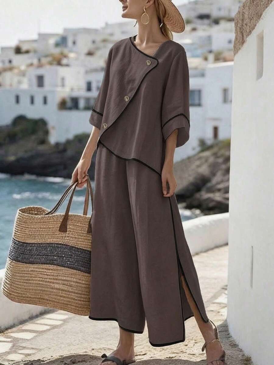 SHEIN Holidaya Bộ đồ nữ thường ngày kiểu dáng nghỉ dưỡng, gồm 2 mảnh, cổ áo bất đối xứng phối màu tương phản, tay lửng 3/4 và quần ống đứng, màu trơn, thích hợp mặc đi làm, mặc hàng ngày và ở nhà, ống rộng cạp trung bình, gấu quần bất đối xứng, phù hợp cho mùa xuân, hè và thu. - Nhiều màu - Xem 1