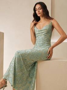 Anewsta Vacation Random Floral Design Fitted Elegant Women Long Dress - Green - View 8