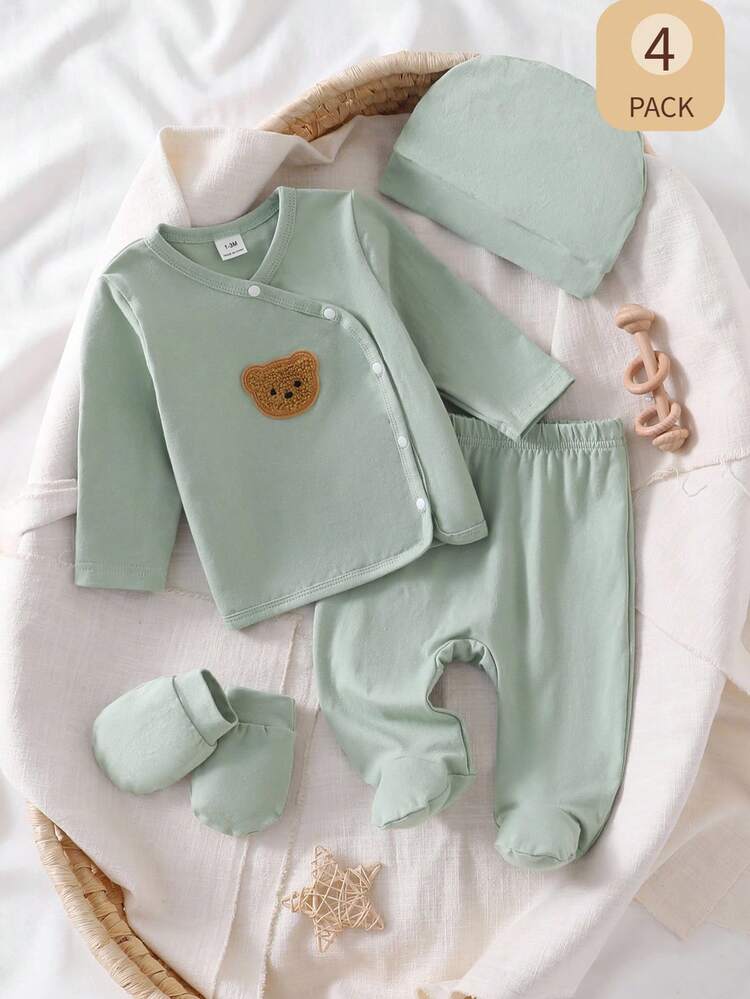 Bộ đồ 5 món cho trẻ sơ sinh, màu xám và xanh dương, họa tiết gấu, gồm áo, quần, mũ và găng tay. - Màu xanh Ô liu - Xem 8