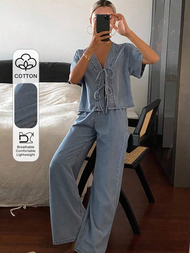 Tall Women's Summer Short Sleeve Tie-Front Top And Loose Wide-Leg Jeans Vacation Set