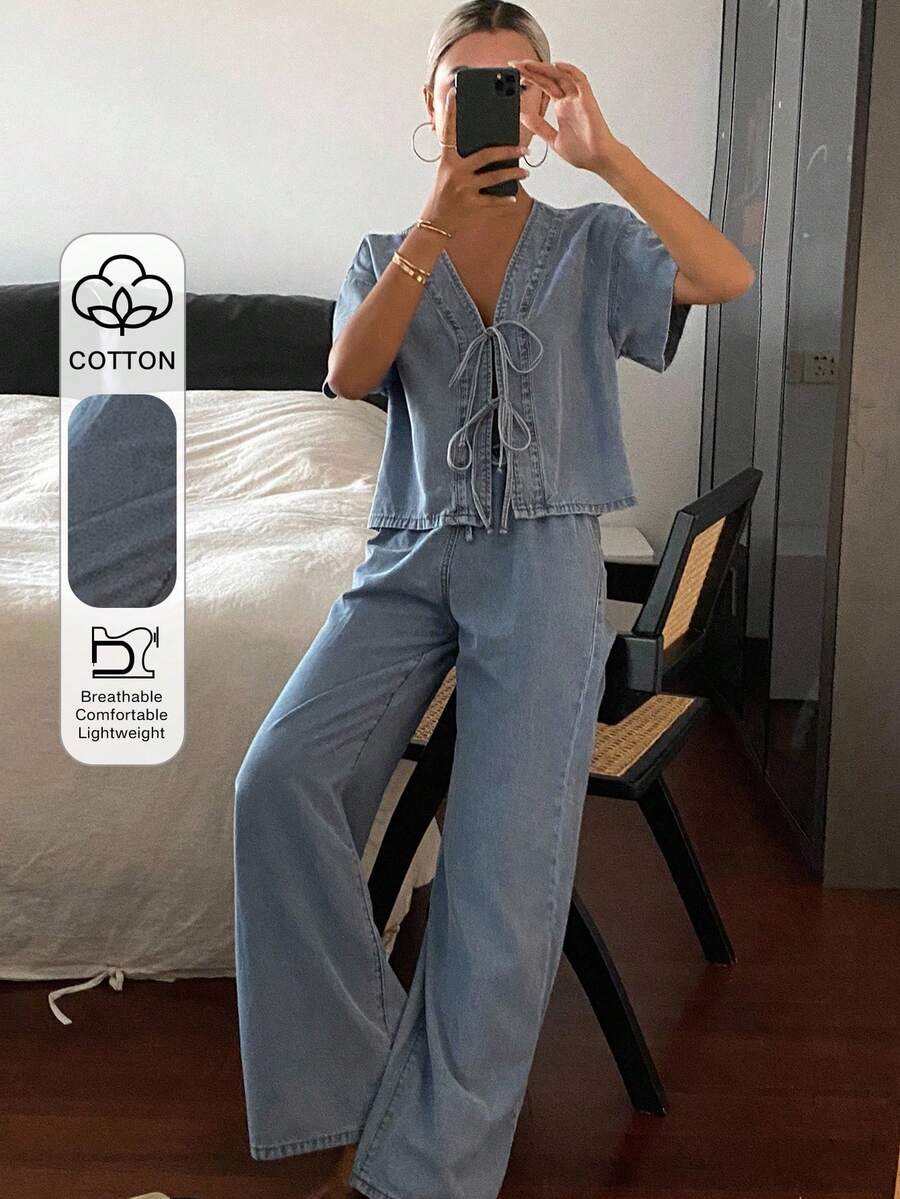 Dazy Tall 高个女式夏季短袖系带上衣和宽松阔腿牛仔裤度假套装 - 淺色水洗藍 - 查看 1