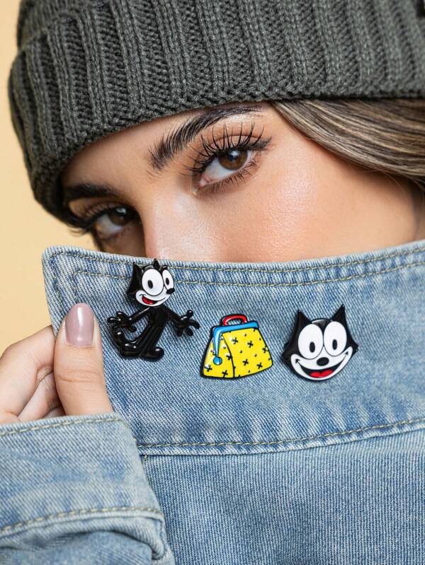 SHEIN Felix The Cat 3 paquete de broches de gato de estilo lindo y elegante, accesorios de aleación de zinc con efecto de goteo de aceite en color negro