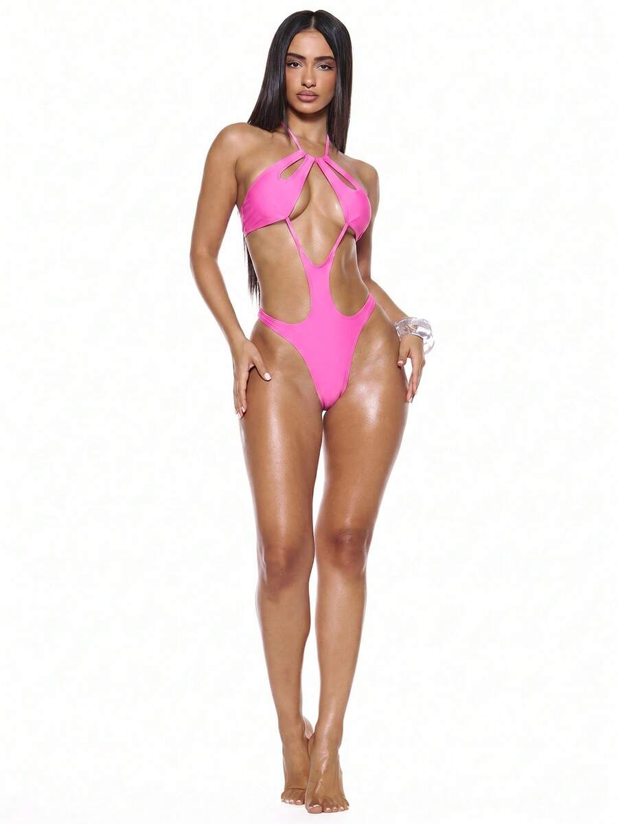 Musera Resort Cut Out Halterneck Swimsuit Sexy Summer Spring Rave Festival Holiday Vacation Swimwear Beach Tripp - Pink - View 1