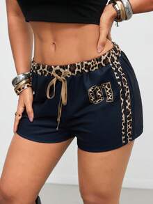 Gowayae Gowayae Women's Leopard Print Patchwork Drawstring Waist Casual Sporty Versatile Daily Wear Shorts Gym Navy Blue Summer - Multicolor - View 5