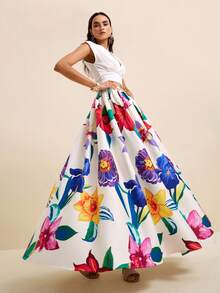LOTSLUV Women's Loose Flared Skirt With Large Floral Print On White Flower Background, Suitable For Spring/Summer Vacation, Long Skirt Beach Conservative - White - View 4