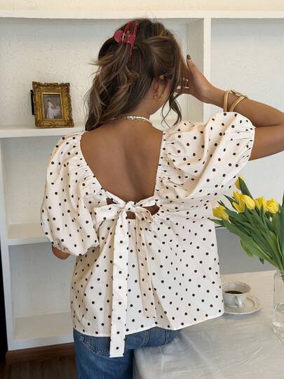 SHEIN Frenchy 夏季休闲波点印花系带衬衫