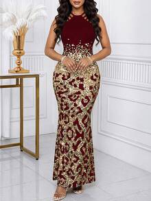 Fleurora 2025 New Women's Elegant Leopard Print Fishtail Hem Burgundy Dress, Summer,Cheetah Print - Burgundy - View 4