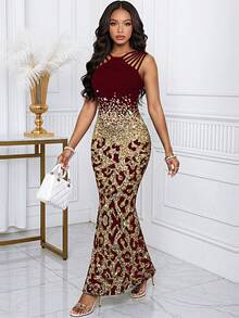 Fleurora 2025 New Women's Elegant Leopard Print Fishtail Hem Burgundy Dress, Summer,Cheetah Print - Burgundy - View 5