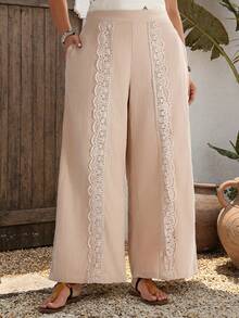 EMERY ROSE Women's Plus Size Summer Boho Vacation Holiday Beige Lace Patchwork Wide Leg Pants With Pockets, Casual Country Concert Beach Outfits - Khaki - View 8